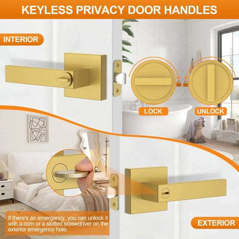 Six Pack Brushed Gold Door Handles For Interior Doors, Heavy Duty Flat Square Privacy Levers, Keyless Lever Set For Bedroom And Bathroom