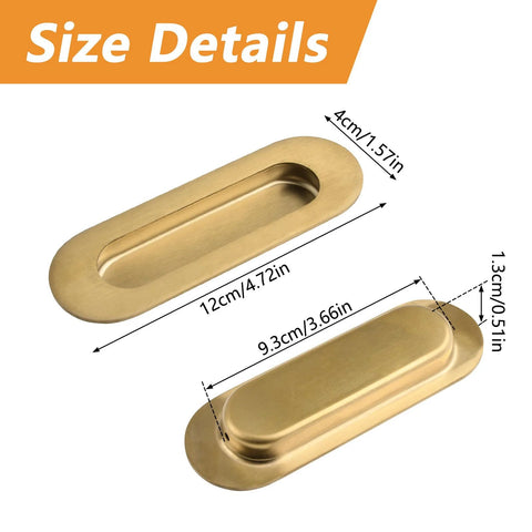 Size details of Six Piece Brushed Gold Stainless Steel Flush Pull Handles For Cabinets And Drawers, showing dimensions in cm and inches