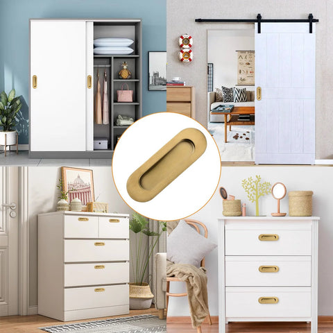 Six Piece Brushed Gold Stainless Steel Flush Pull Handles for cabinets and drawers installed in wardrobes and sliding doors.