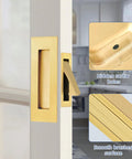 Brushed Gold And Stainless Steel Pocket Door Handles And Edge Pulls Kit For Sliding Doors installed on a door with flush mount