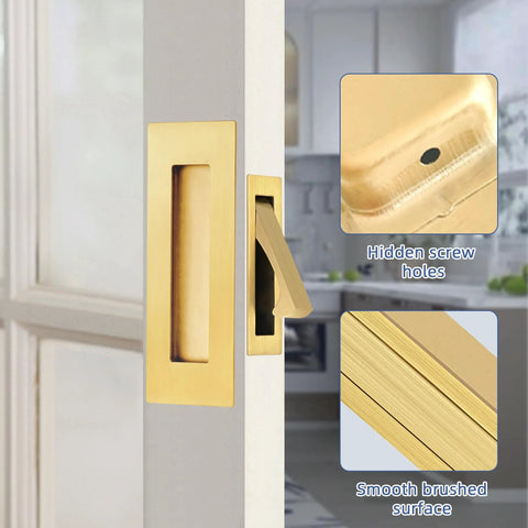 Brushed Gold And Stainless Steel Pocket Door Handles And Edge Pulls Kit For Sliding Doors installed on a door with flush mount