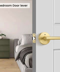 Brushed Gold Privacy Door Levers Set in bedroom, modern interior hardware, 4 pack, for left or right handed doors.
