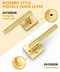 Gold Privacy Door Handle Set 1 Pack With Interior Keyless Lever And Knobs For Bedroom Or Bathroom, detailed view showing exterior unlock hole and interior turn button on a brushed gold handle.