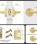 Brushed Gold Privacy Door Levers Set, 4 Pack For Bedroom And Bathroom, size details and components shown in diagram