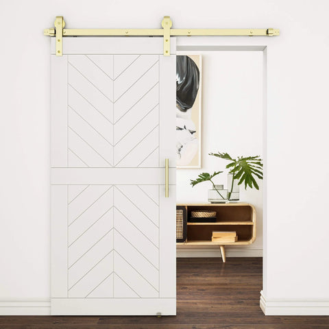 Brushed Gold 72 Inch Interior Sliding Barn Door Hardware One Piece Designer Kit with Soft Close shown installed