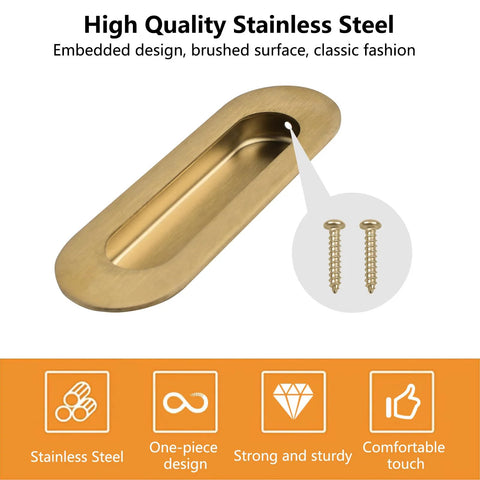 Six Piece Brushed Gold Stainless Steel Flush Pull Handles with screws and features description