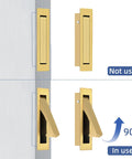 Brushed Gold And Stainless Steel Pocket Door Handles And Edge Pulls Kit for sliding doors shown in use and not in use positions.