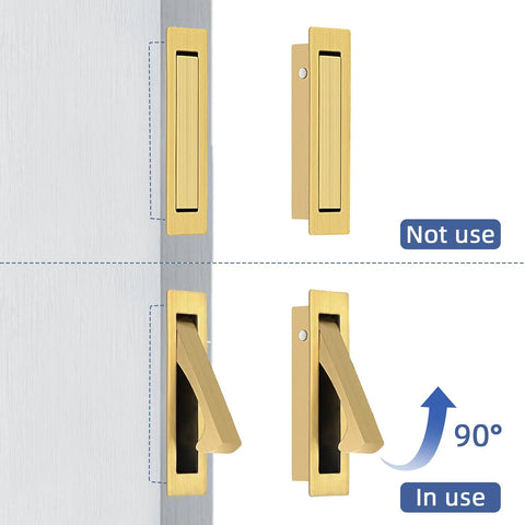 Brushed Gold And Stainless Steel Pocket Door Handles And Edge Pulls Kit for sliding doors shown in use and not in use positions.