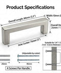Brushed Nickel Cabinet Handles With 3 Inch Center To Center Square Drawer Pulls, solid zinc alloy, shown with dimensions and screws