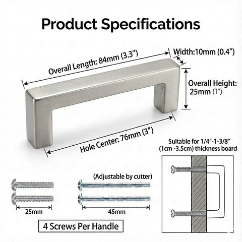 Brushed Nickel Cabinet Handles With 3 Inch Center To Center Square Drawer Pulls, solid zinc alloy, shown with dimensions and screws