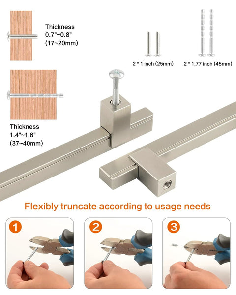 Adjustable Drawer Pulls 5 Pack In Brushed Nickel, Modern Square Handles with installation tools and thickness guide for flexibility