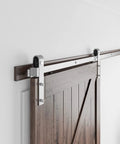 Brushed Nickel Barn Door Hardware Kit 6.6 Feet Heavy Duty Sliding Track System For 36 To 40 Inch Wide Doors installed on wooden door