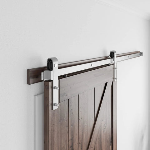 Brushed Nickel Barn Door Hardware Kit 6.6 Feet Heavy Duty Sliding Track System For 36 To 40 Inch Wide Doors installed on wooden door