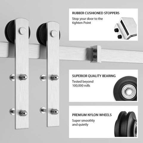 Eight Feet Brushed Nickel Sliding Barn Door Hardware Kit With I Shape Hanger for 48 Inch Door Panel parts close-up view