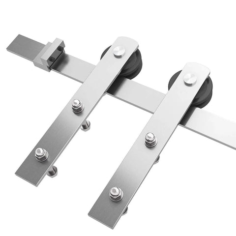 Eight Feet Brushed Nickel Sliding Barn Door Hardware Kit with I Shape Hanger shown close-up on smooth track