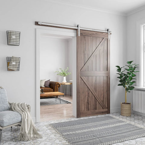 Brushed Nickel Barn Door Hardware Kit 6.6 Feet Heavy Duty Sliding Track System For 36 To 40 Inch Wide Doors installed in modern living room