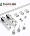 28 Inch Brushed Nickel Bifold Sliding Barn Door Hardware Track Kit With Side Mounted J Shape Rollers, components displayed.