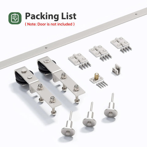 28 Inch Brushed Nickel Bifold Sliding Barn Door Hardware Track Kit With Side Mounted J Shape Rollers, components displayed.