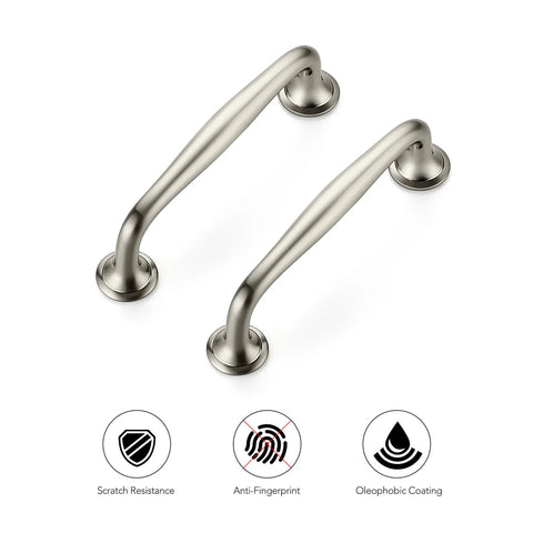 Two brushed nickel cabinet handles with features, from 20 Pack Three And Three Quarters Inch Brushed Nickel Cabinet Handles Set Solid Zinc Alloy Pulls.