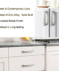 Brushed Nickel Cabinet Handles With 3 Inch Center To Center Square Drawer Pulls installed in a modern kitchen cabinet.