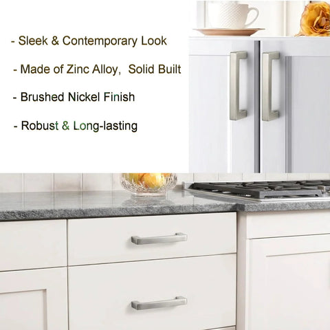 Brushed Nickel Cabinet Handles With 3 Inch Center To Center Square Drawer Pulls installed in a modern kitchen cabinet.