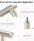 Close-up of brushed nickel cabinet pulls showing rust-resistant, tight connection features from 10 pack stainless steel kitchen hardware.