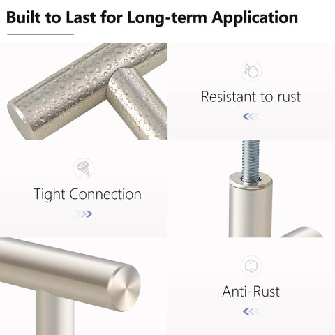 Close-up of brushed nickel cabinet pulls showing rust-resistant, tight connection features from 10 pack stainless steel kitchen hardware.