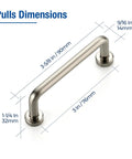 Brushed Nickel Cabinet Pulls 3 Inch Hole Center 30 Pack Zinc Alloy Handles dimensions with measurements indicated in inches and millimeters.