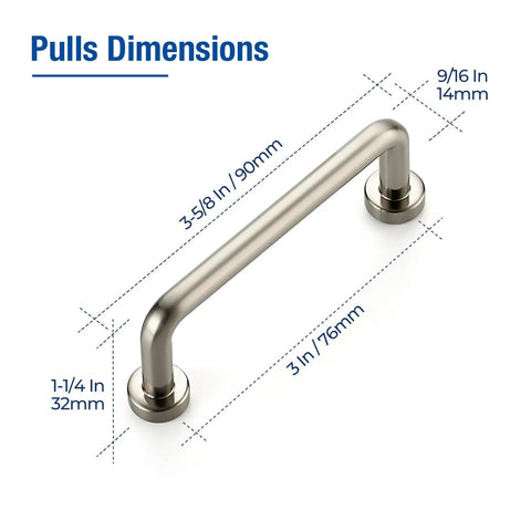 Brushed Nickel Cabinet Pulls 3 Inch Hole Center 30 Pack Zinc Alloy Handles dimensions with measurements indicated in inches and millimeters.