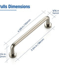 Brushed Nickel Cabinet Pulls 3-3/4 Inch Hole Center 20 Pack for Drawers and Cupboards dimensions diagram