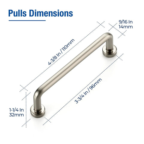 Brushed Nickel Cabinet Pulls 3-3/4 Inch Hole Center 20 Pack for Drawers and Cupboards dimensions diagram