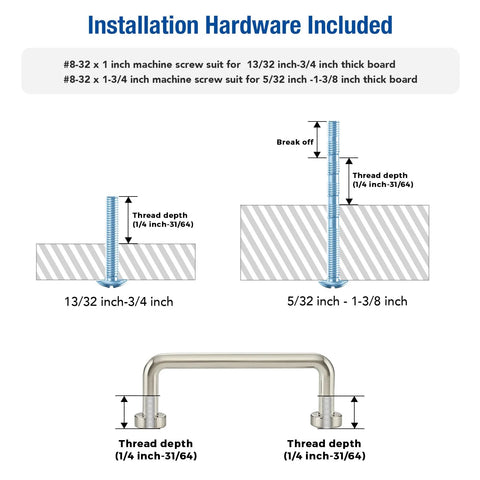 Diagram showing installation hardware for Brushed Nickel Cabinet Pulls 3 Inch Hole Center 30 Pack Zinc Alloy Handles.