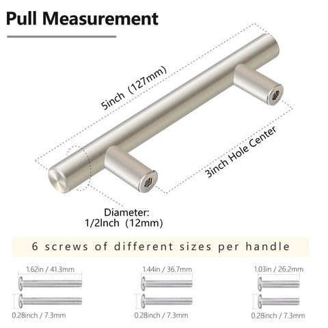 Brushed Nickel Cabinet Pulls 5 Inch Long, 10 Pack Stainless Steel Kitchen Cabinet Hardware for Cabinets and Drawers, dimensions shown