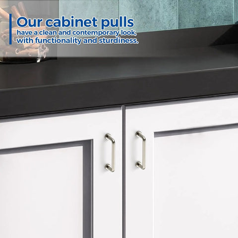 Brushed Nickel Cabinet Pulls 3 Inch Hole Center 30 Pack Zinc Alloy Handles Installed on White Cabinets in Kitchen