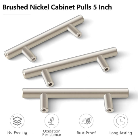 Brushed Nickel Cabinet Pulls 5 Inch Long, 10 Pack Stainless Steel Kitchen Hardware, rust resistant close-up display.