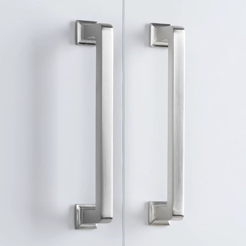 10 Pack Brushed Nickel Cabinet Pulls 5 Inch 128mm Long Kitchen Cabinet Handles installed on white cabinet doors