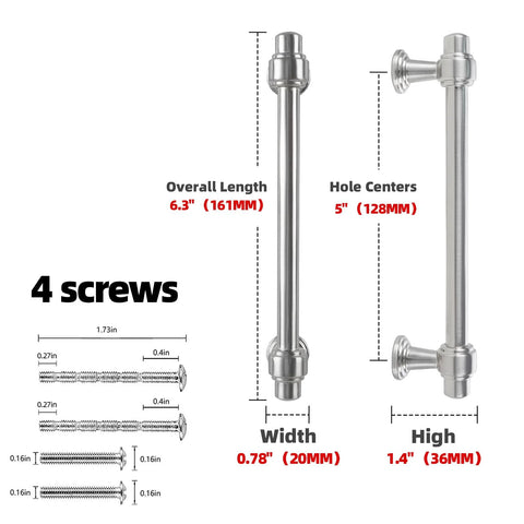 10 Pack Brushed Nickel Cabinet Pulls 5 Inch 128mm Kitchen Cabinet Handles Drawer Pulls with dimensions and screws shown
