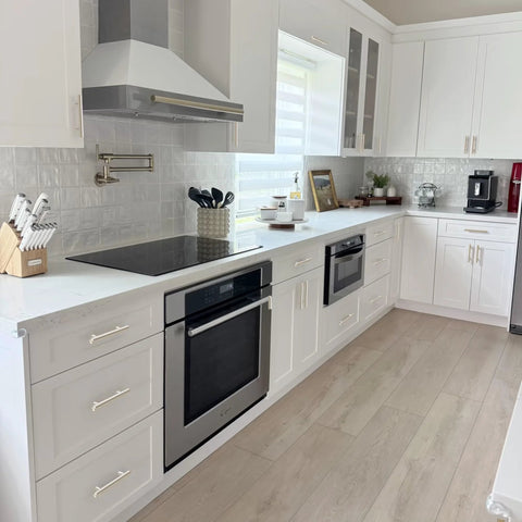 Modern kitchen with Brushed Nickel Cabinet Pulls 5 Inch Long, 10 Pack Stainless Steel Kitchen Hardware installed on white cabinets.