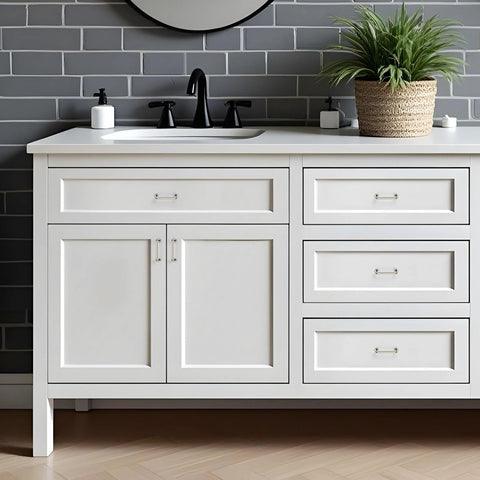 Brushed Nickel Cabinet Pulls 3 Inch Hole Center 30 Pack Zinc Alloy Handles on white bathroom vanity with modern design.
