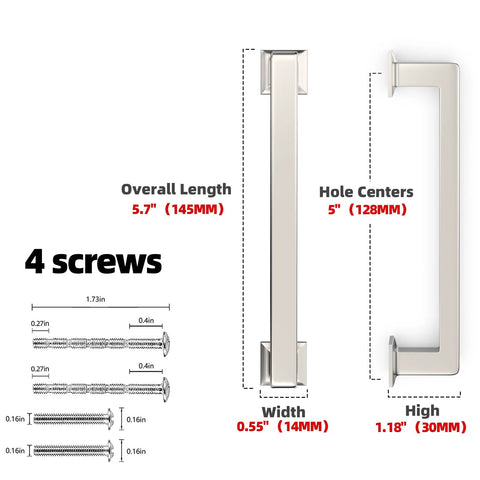 10 Pack Brushed Nickel Cabinet Pulls 5 Inch 128mm Long Kitchen Cabinet Handles with dimensions and screws for easy install