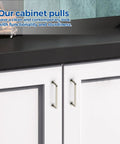 Brushed Nickel Cabinet Pulls 3-3/4 Inch Hole Center 20 Pack for drawers shown on white kitchen cabinets