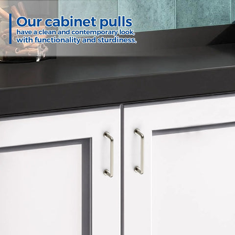 Brushed Nickel Cabinet Pulls 3-3/4 Inch Hole Center 20 Pack for drawers shown on white kitchen cabinets