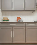 Gray kitchen cabinets with 30 Pack 10 Inch Solid Square Cabinet Pulls In Brushed Nickel For Kitchen Cabinets And Drawers installed.