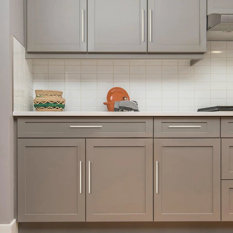 Gray kitchen cabinets with 30 Pack 10 Inch Solid Square Cabinet Pulls In Brushed Nickel For Kitchen Cabinets And Drawers installed.