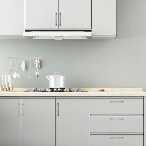 10 Pack Brushed Nickel Cabinet Pulls 5 Inch 128mm installed on modern white kitchen cabinets and drawers