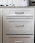 5 Pack 6 Inch Hole Center Brushed Satin Nickel Cabinet Pulls With Backplate Heavy Duty Solid Drawer Handles installed on white cabinets