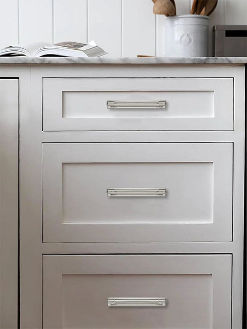 5 Pack 6 Inch Hole Center Brushed Satin Nickel Cabinet Pulls With Backplate Heavy Duty Solid Drawer Handles installed on white cabinets