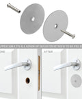 Brushed Nickel Door Hole Cover Plate 66mm Round Fits 12.7 To 54mm Holes For Interior Doors with screws and installation view.