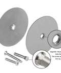 Brushed Nickel Door Hole Cover Plate 66mm Round fits 12.7 to 54mm holes with included screws and hexagonal hole design close-up