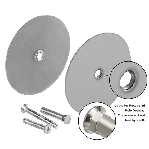 Brushed Nickel Door Hole Cover Plate 66mm Round fits 12.7 to 54mm holes with included screws and hexagonal hole design close-up